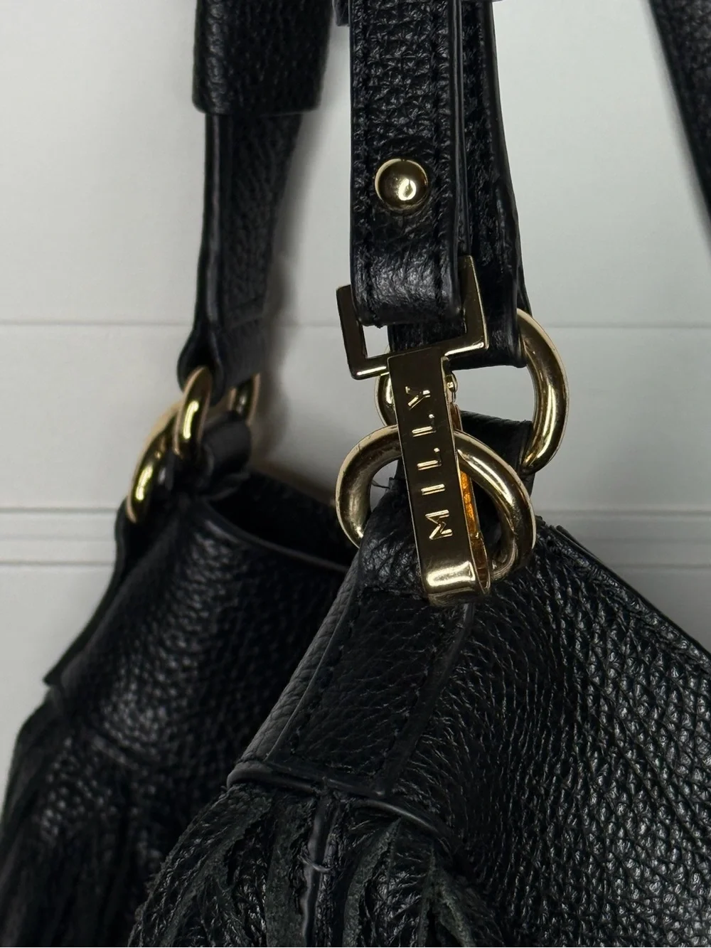 Milly Black Leather Fringe Drawstring Bucket Bag Purse Excellent Condition